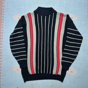 Vintage 80s acrylic knit sweater crewneck striped red black gray adult large